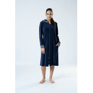 Denver Cotton Velour Hooded Knee-Length Zip-Up Robe - Style Gallery
