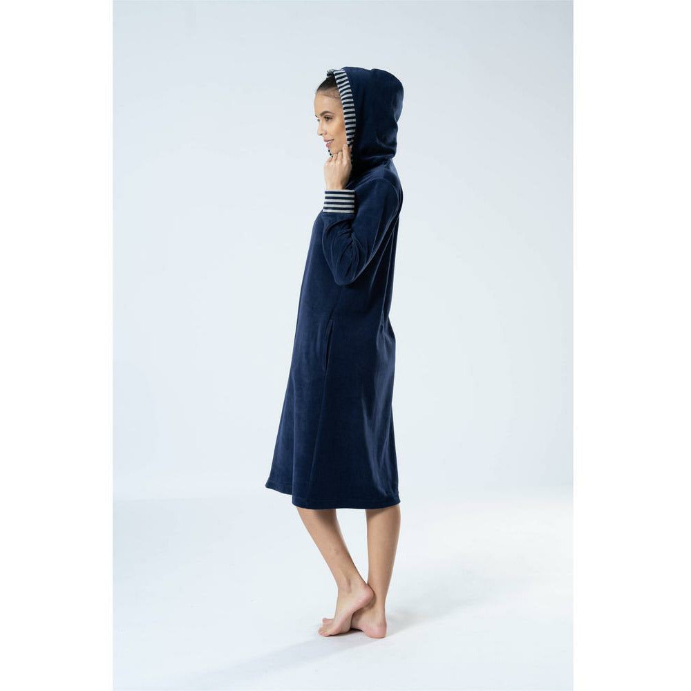 Denver Cotton Velour Hooded Knee-Length Zip-Up Robe